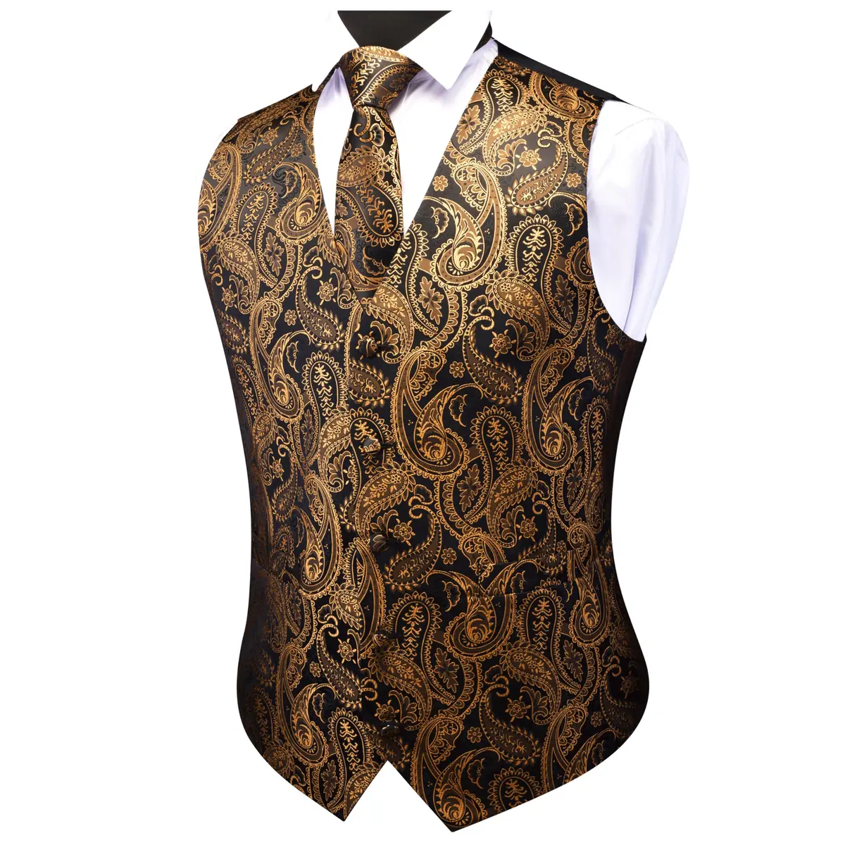 GUSLESON Mens Black Gold Paisley Suit Vest Tie and Bow Tie Set Silk Floral Waistcoat Necktie and Pocket Square Lapel Pin Set (3XL) - view 3