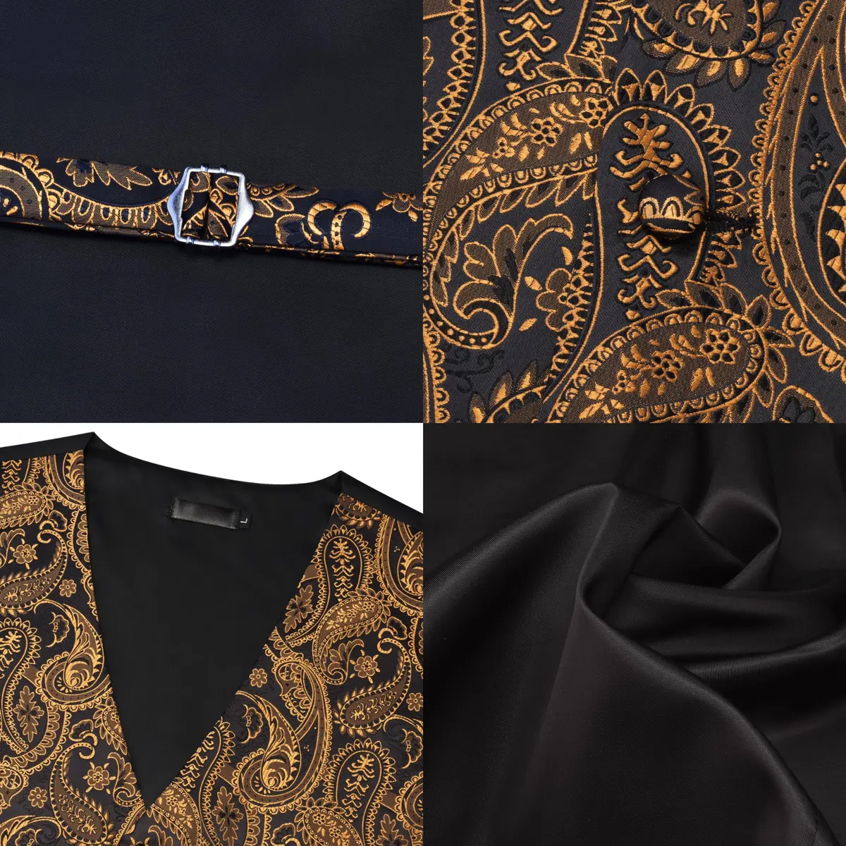 GUSLESON Mens Black Gold Paisley Suit Vest Tie and Bow Tie Set Silk Floral Waistcoat Necktie and Pocket Square Lapel Pin Set (3XL) - view 4