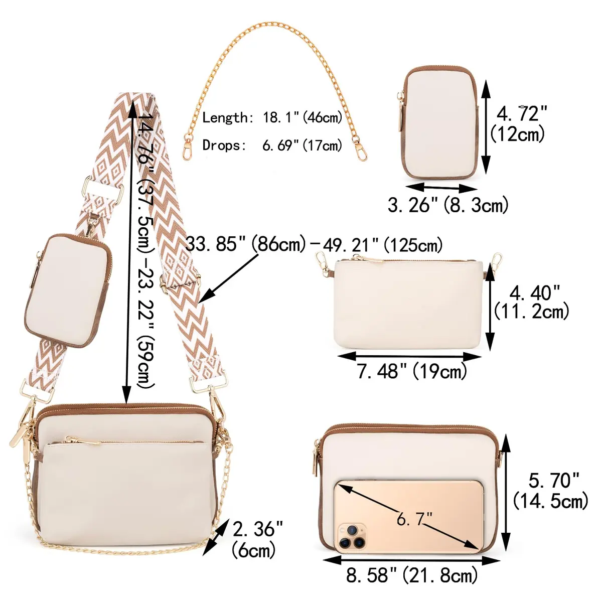 UTO Small Crossbody Bags 3 in 1 Trendy Belt Purse Fanny Chest Pack White B | Water-Resistant Synthetic Leather - view 7