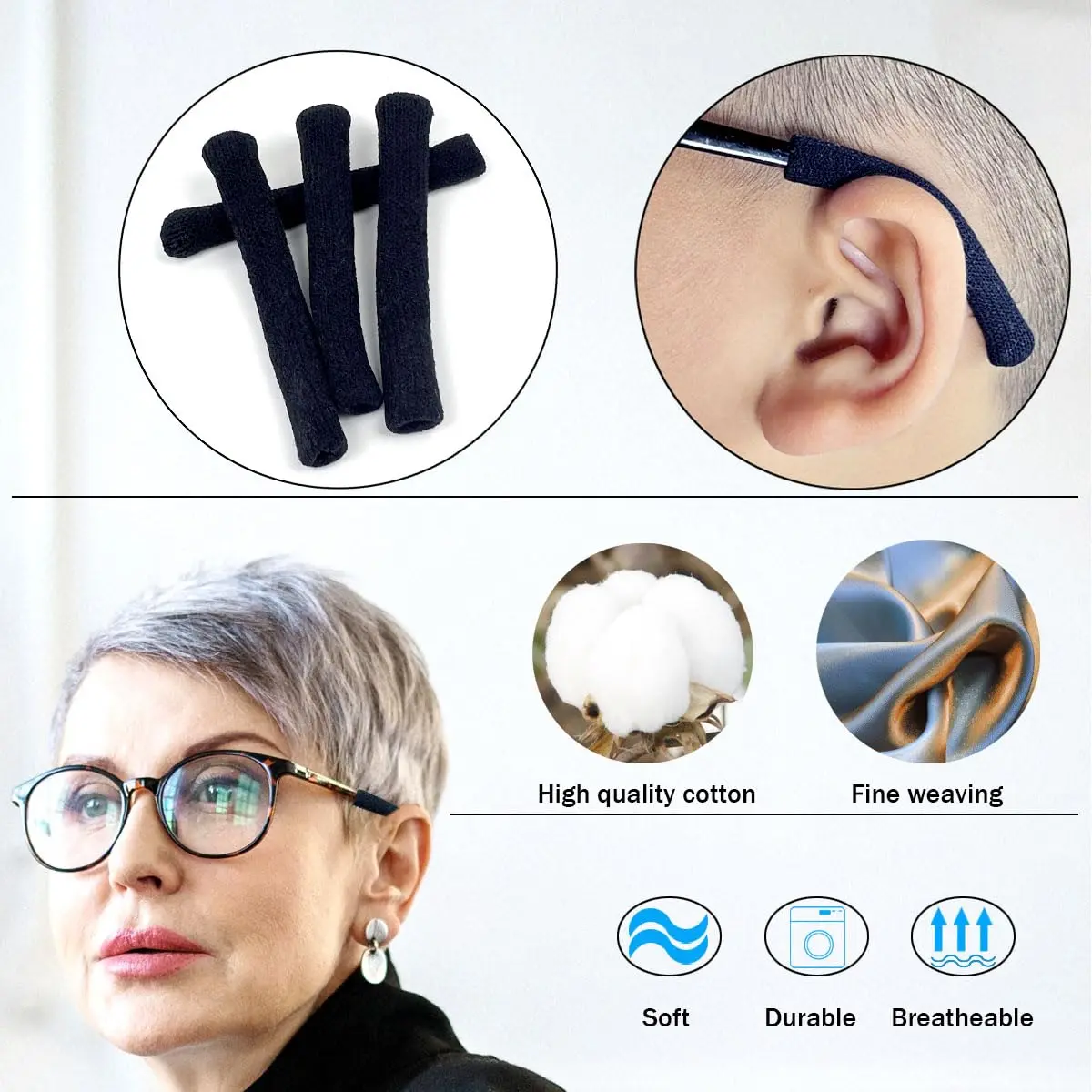 Qoaimu Soft Cotton Glasses Ear Cushions | Anti-Slip Elastic Eyeglass Ear Pads for Comfort & Sweat Absorption - view 5