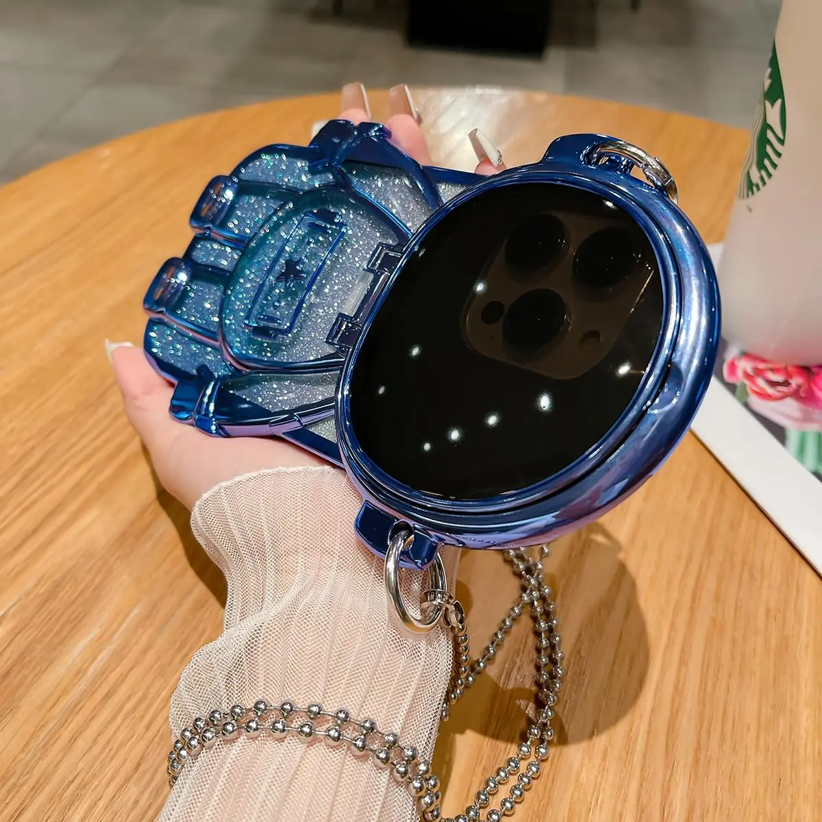 QoKcoahn Astronaut Hidden Stand Phone Case for iPhone 15 Pro Max | Luxury Glitter Bling with Mirror Chain - view 2