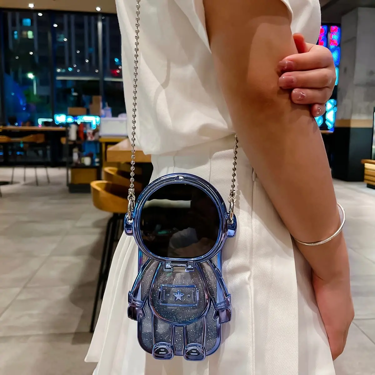 QoKcoahn Astronaut Hidden Stand Phone Case for iPhone 15 Pro Max | Luxury Glitter Bling with Mirror Chain - view 3