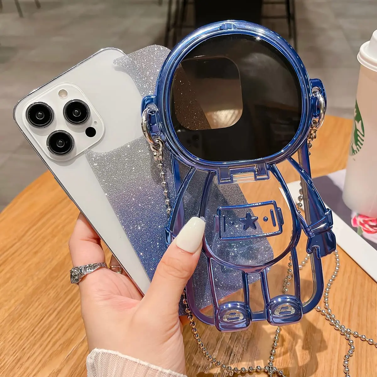 QoKcoahn Astronaut Hidden Stand Phone Case for iPhone 15 Pro Max | Luxury Glitter Bling with Mirror Chain - view 4