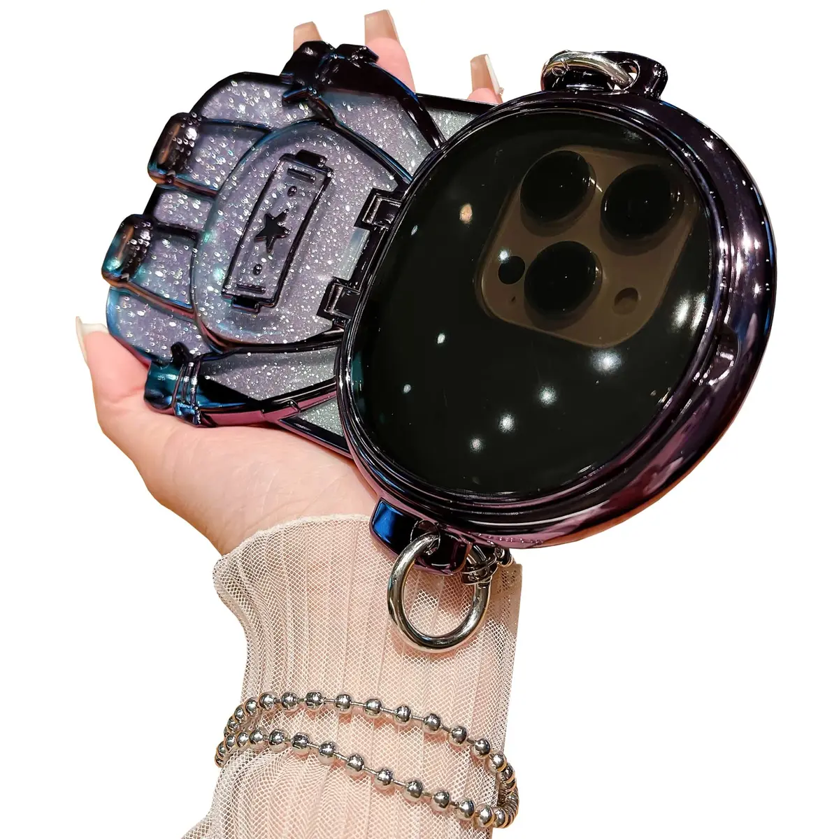 QoKcoahn Astronaut Hidden Stand Phone Case for iPhone 15 Pro Max | Luxury Glitter Bling with Mirror Chain - main product image