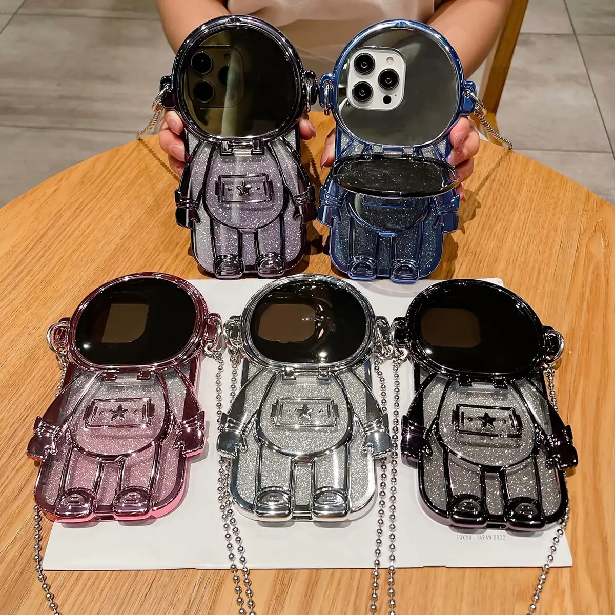 QoKcoahn Astronaut Hidden Stand Phone Case for iPhone 15 Pro Max | Luxury Glitter Bling with Mirror Chain - view 7