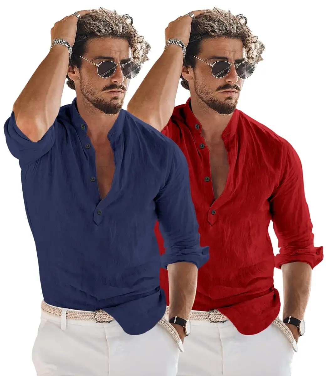 Bellstone Men's Cotton Blend Kurta Shirt 2-Pack (Marino & Maroon) | Regular Fit, Half Button Placket - view 2