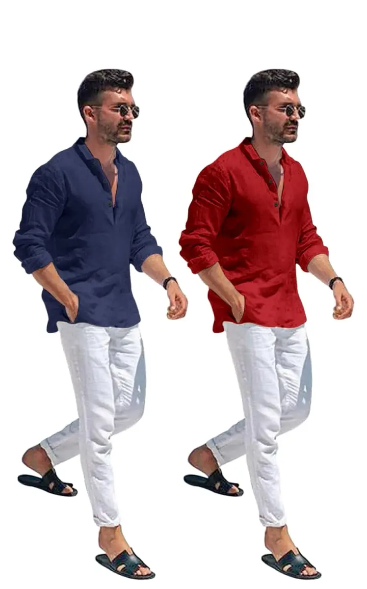 Bellstone Men's Cotton Blend Kurta Shirt 2-Pack (Marino & Maroon) | Regular Fit, Half Button Placket - view 3