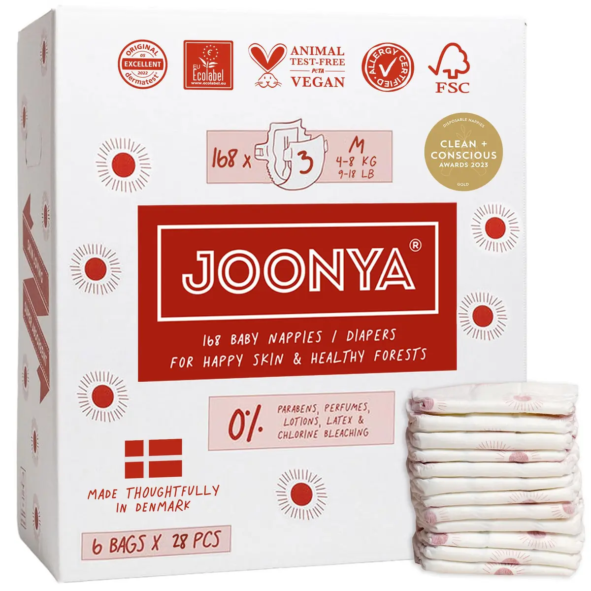 JOONYA Baby Diapers Size 3 M | Ultra Slim, 12-Hour Absorbency, Non-Toxic, Eco-Friendly, Made in Denmark - main product image