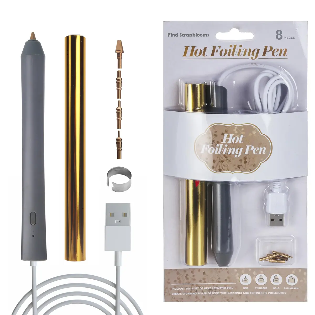 Find Scrapblooms Foil Quill Pen Starter Kit with 4 Size Metal Tips &1pc Heat Activated Foil Rolls | Art & Craft Tool for Scrapbooking & Card Making - main product image
