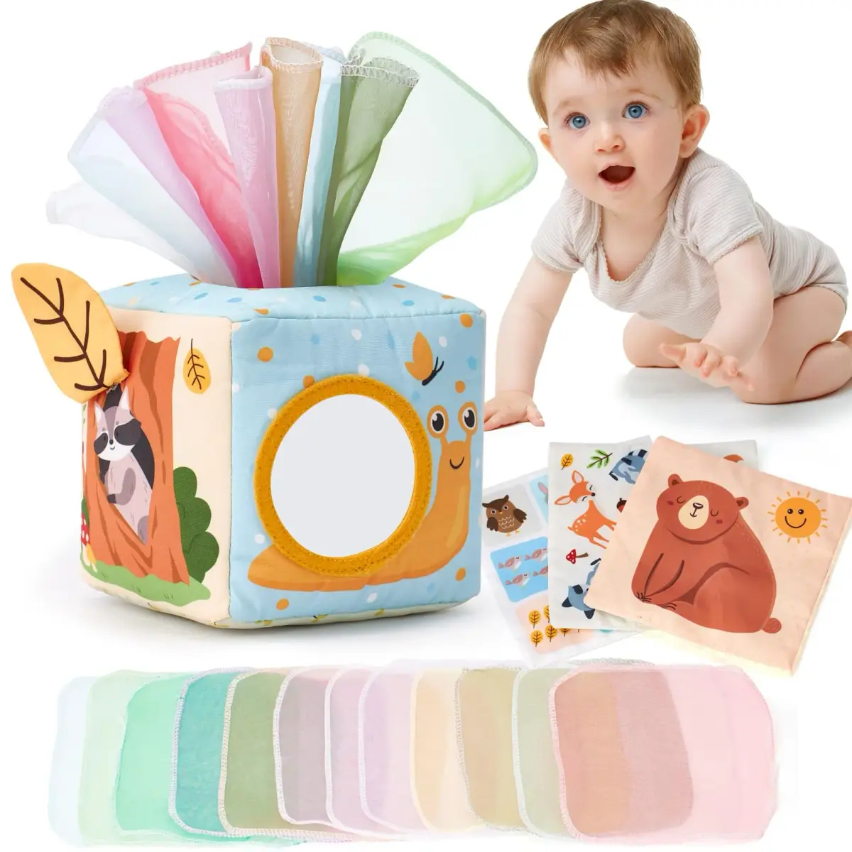 hahaland Montessori Tissue Box Toy | Sensory Pulling Play Scarf Soft Box, Crinkle Paper, Mirror, Tag for Babies Boy Girl Gifts Must Haves 1 Year Old Birthday Gift - main product image