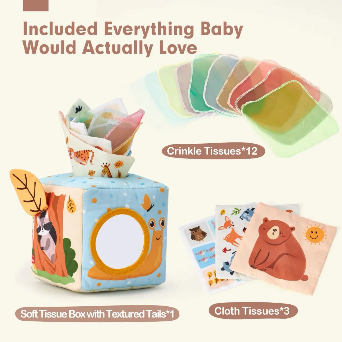 hahaland Montessori Tissue Box Toy | Sensory Pulling Play Scarf Soft Box, Crinkle Paper, Mirror, Tag for Babies Boy Girl Gifts Must Haves 1 Year Old Birthday Gift - view 7