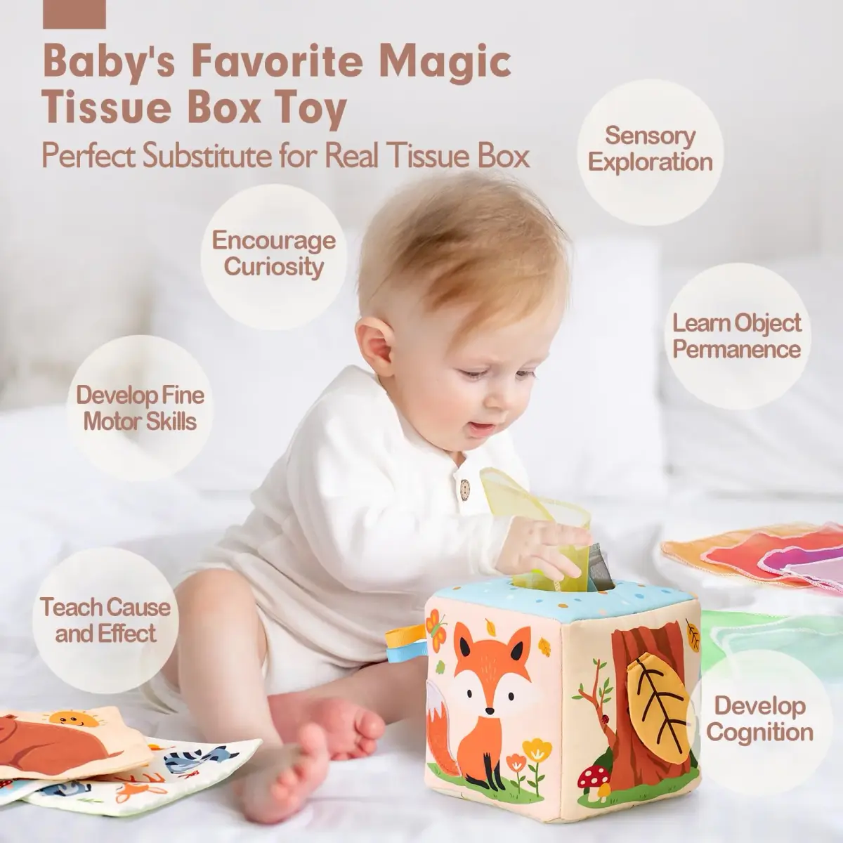hahaland Montessori Tissue Box Toy | Sensory Pulling Play Scarf Soft Box, Crinkle Paper, Mirror, Tag for Babies Boy Girl Gifts Must Haves 1 Year Old Birthday Gift - view 2