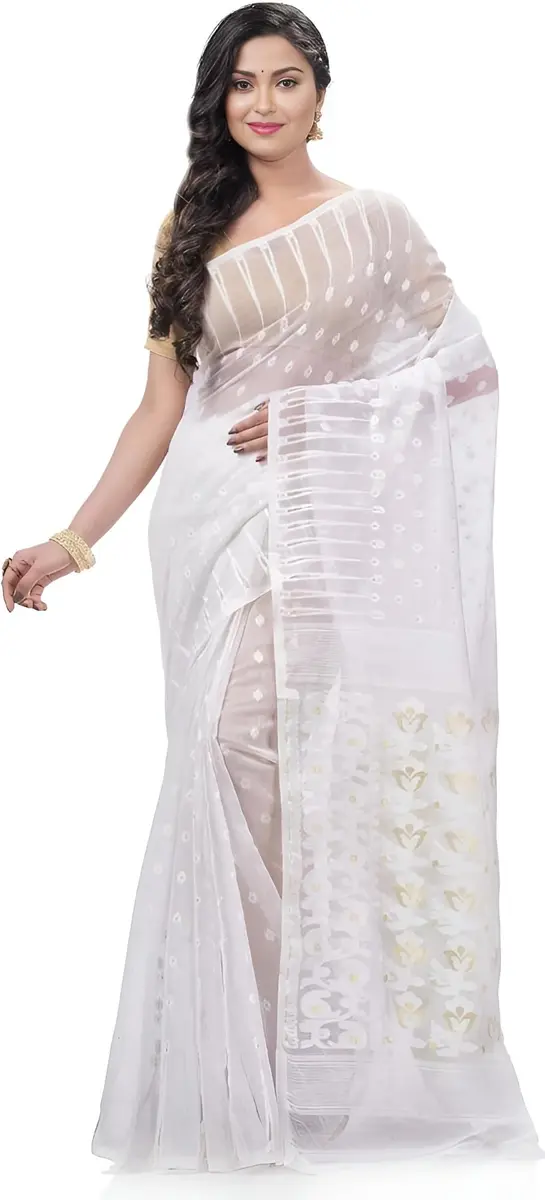 AS Aishwarya Sarees Women's Soft Dhakai Jamdani Saree With Blouse Piece, White, 6.3m (20.7 ft) - main product image