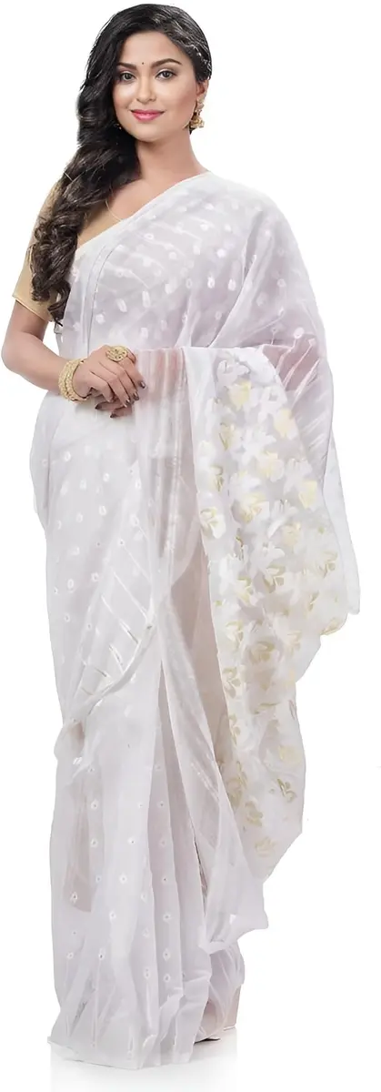 AS Aishwarya Sarees Women's Soft Dhakai Jamdani Saree With Blouse Piece, White, 6.3m (20.7 ft) - view 5