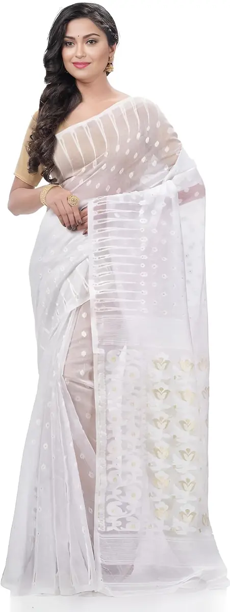 AS Aishwarya Sarees Women's Soft Dhakai Jamdani Saree With Blouse Piece, White, 6.3m (20.7 ft) - view 3