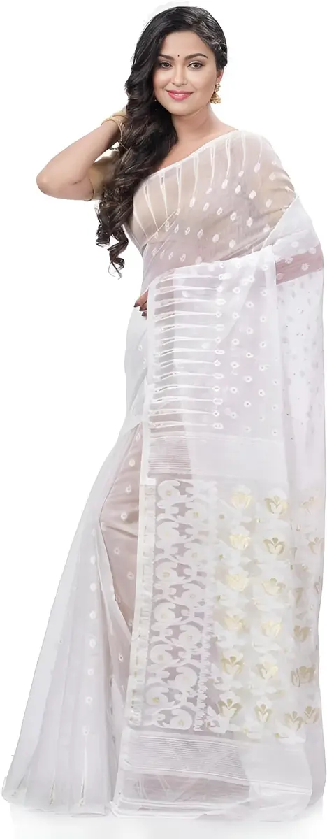 AS Aishwarya Sarees Women's Soft Dhakai Jamdani Saree With Blouse Piece, White, 6.3m (20.7 ft) - view 4