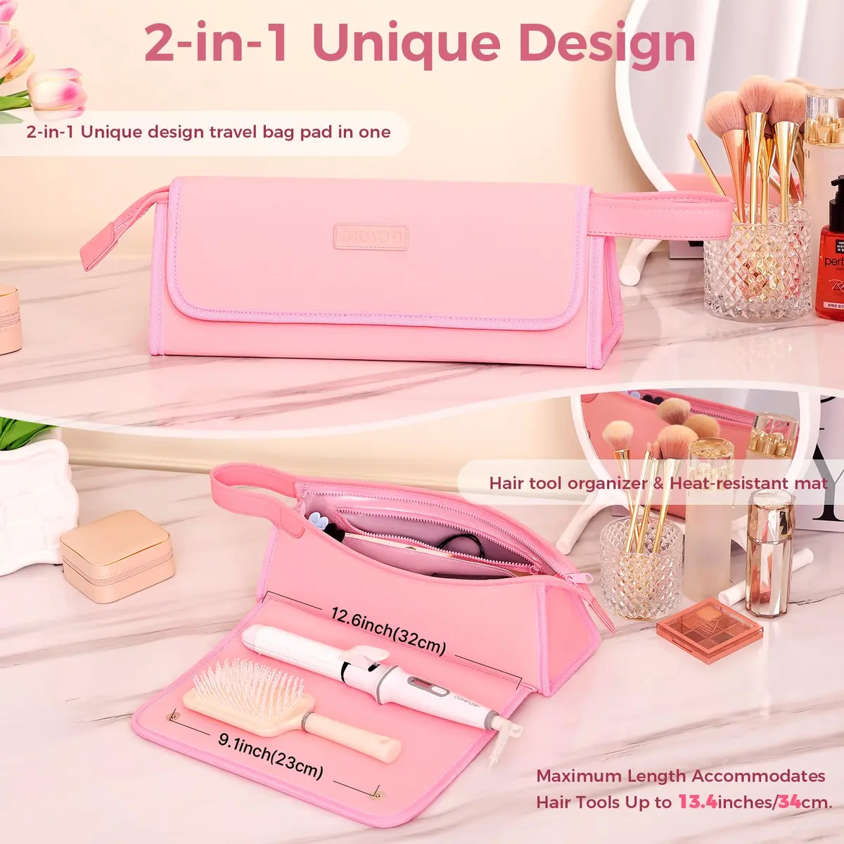 JKAOO Hair Tools Travel Bag and Heat Resistant Mat, Sweet Pink | 14.2L x 3.9W x 5.1H inches | Heat-Resistant & Portable - view 4