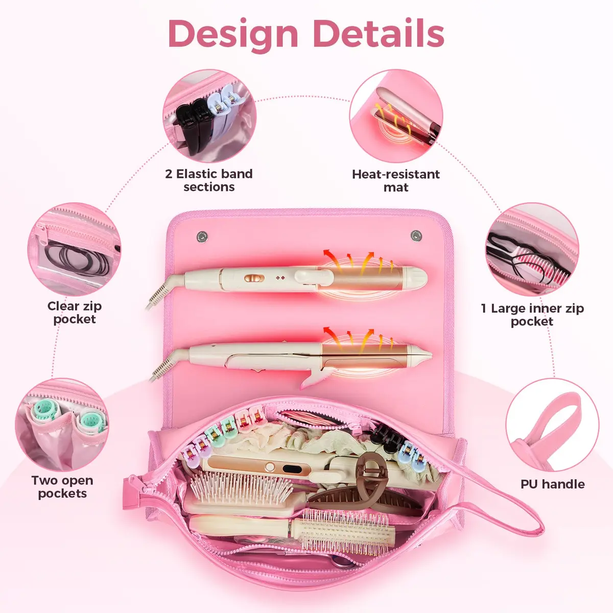 JKAOO Hair Tools Travel Bag and Heat Resistant Mat, Sweet Pink | 14.2L x 3.9W x 5.1H inches | Heat-Resistant & Portable - view 5