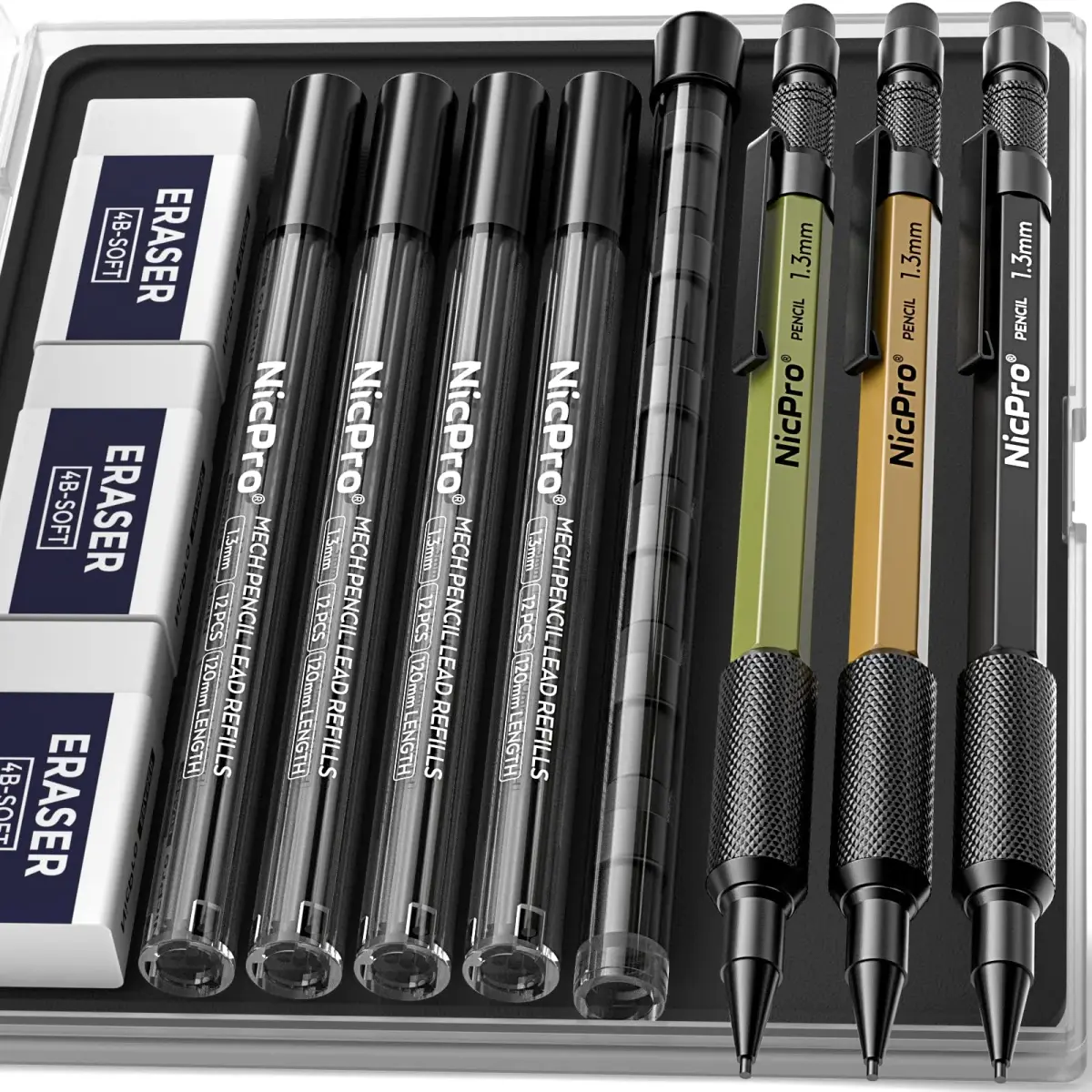 Nicpro 1.3mm Mechanical Pencil Set with 48 Lead Refills & 3 Erasers | Heavy Duty Outdoor Marking & Drafting - main product image