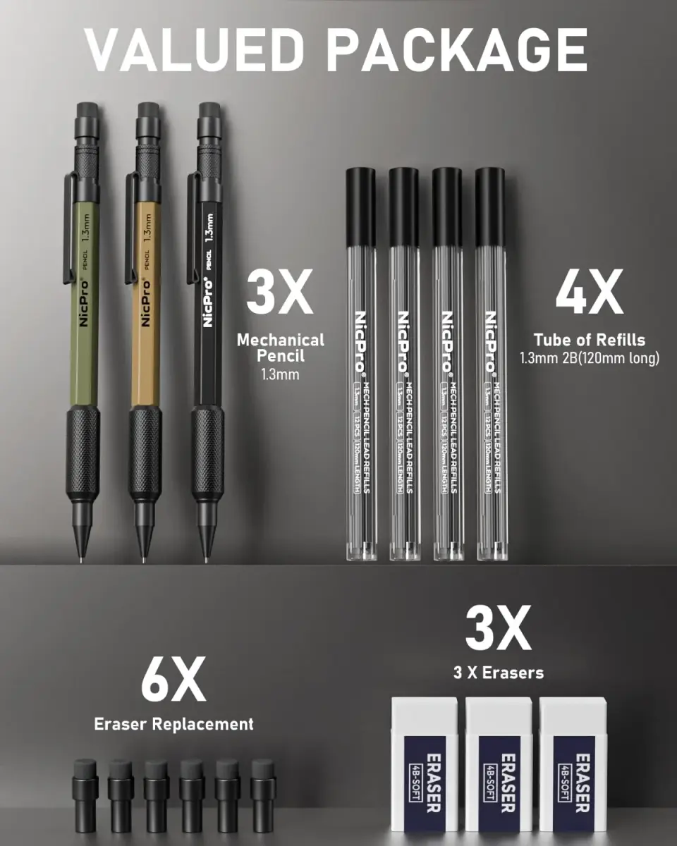 Nicpro 1.3mm Mechanical Pencil Set with 48 Lead Refills & 3 Erasers | Heavy Duty Outdoor Marking & Drafting - view 6