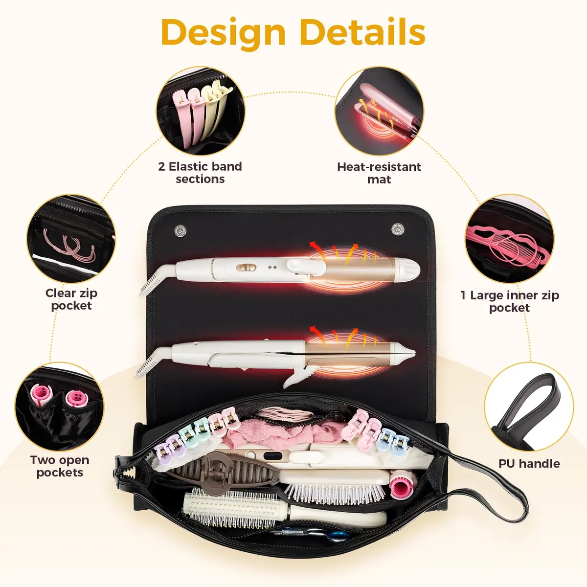 JKAOO Travel Bag & Heat Resistant Mat | 2-in-1 Hair Tool Organizer, Elegant Black, 14.2L x 3.9W x 5.1H inches - view 5