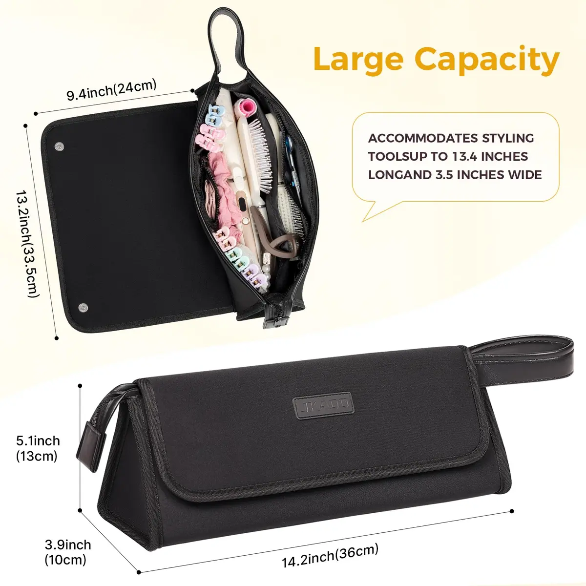 JKAOO Travel Bag & Heat Resistant Mat | 2-in-1 Hair Tool Organizer, Elegant Black, 14.2L x 3.9W x 5.1H inches - view 2