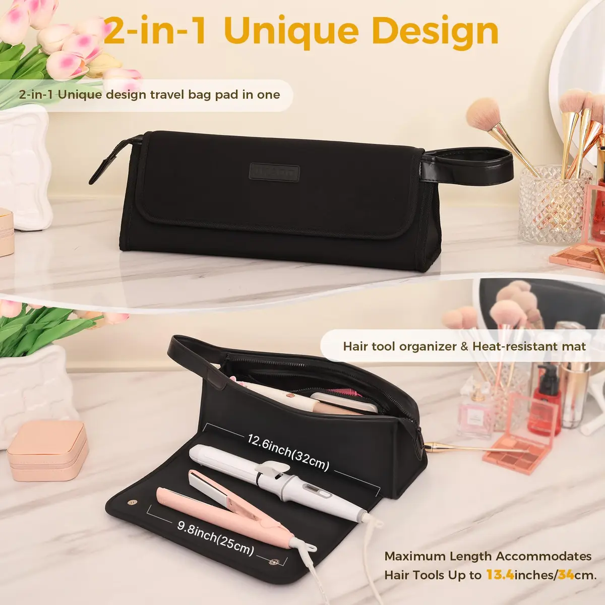 JKAOO Travel Bag & Heat Resistant Mat | 2-in-1 Hair Tool Organizer, Elegant Black, 14.2L x 3.9W x 5.1H inches - view 4