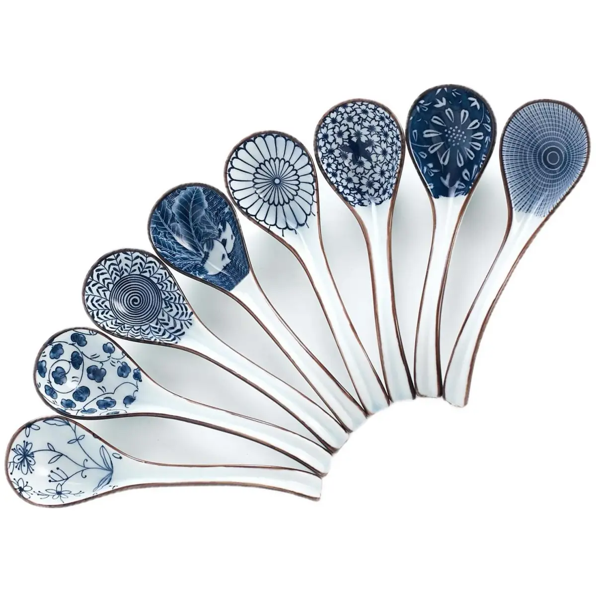 Hoilse Ceramic Asian Soup Spoons Set of 8 - Blue | 16.5cm (6.5in) Easy-Grip Long Handle - main product image
