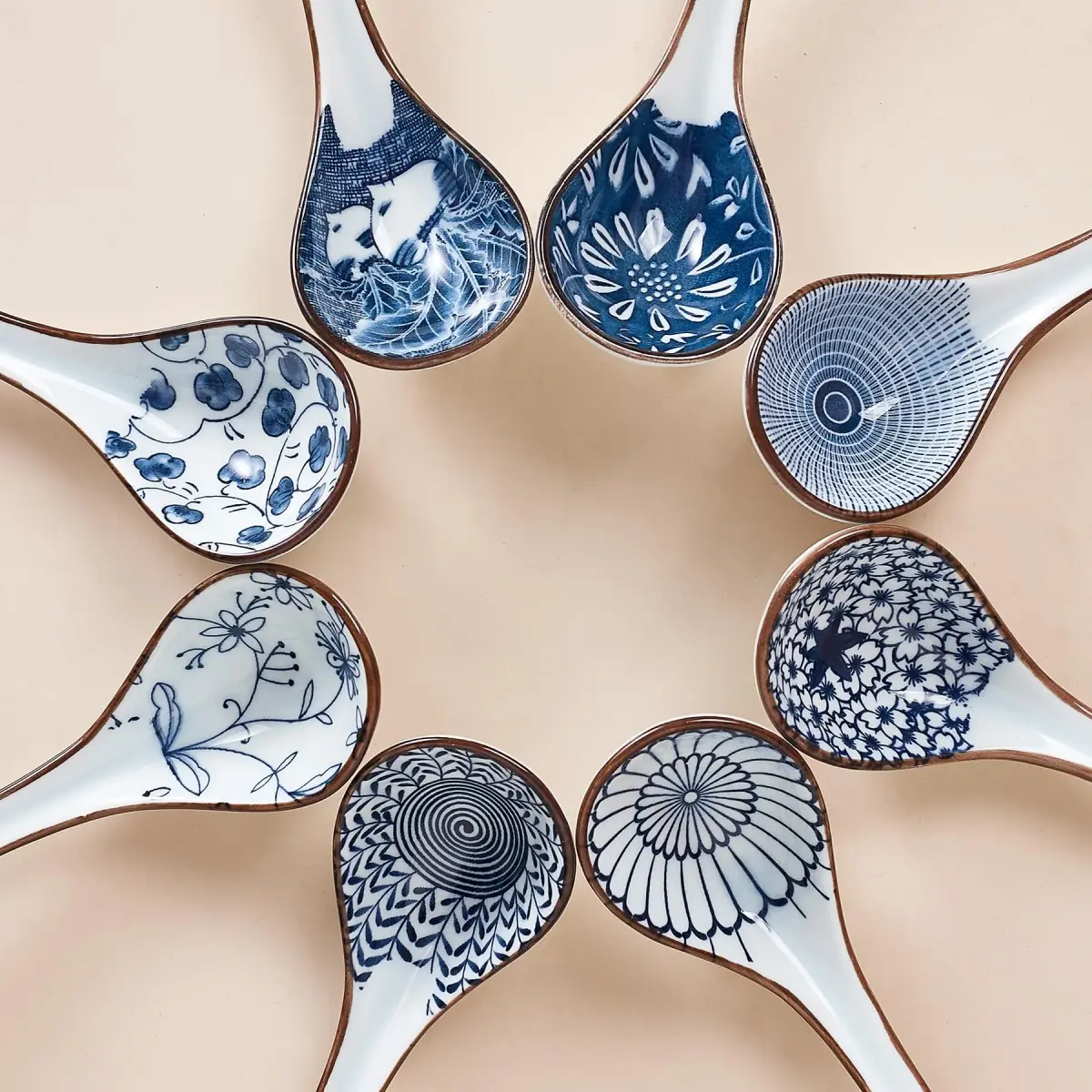 Hoilse Ceramic Asian Soup Spoons Set of 8 - Blue | 16.5cm (6.5in) Easy-Grip Long Handle - view 6