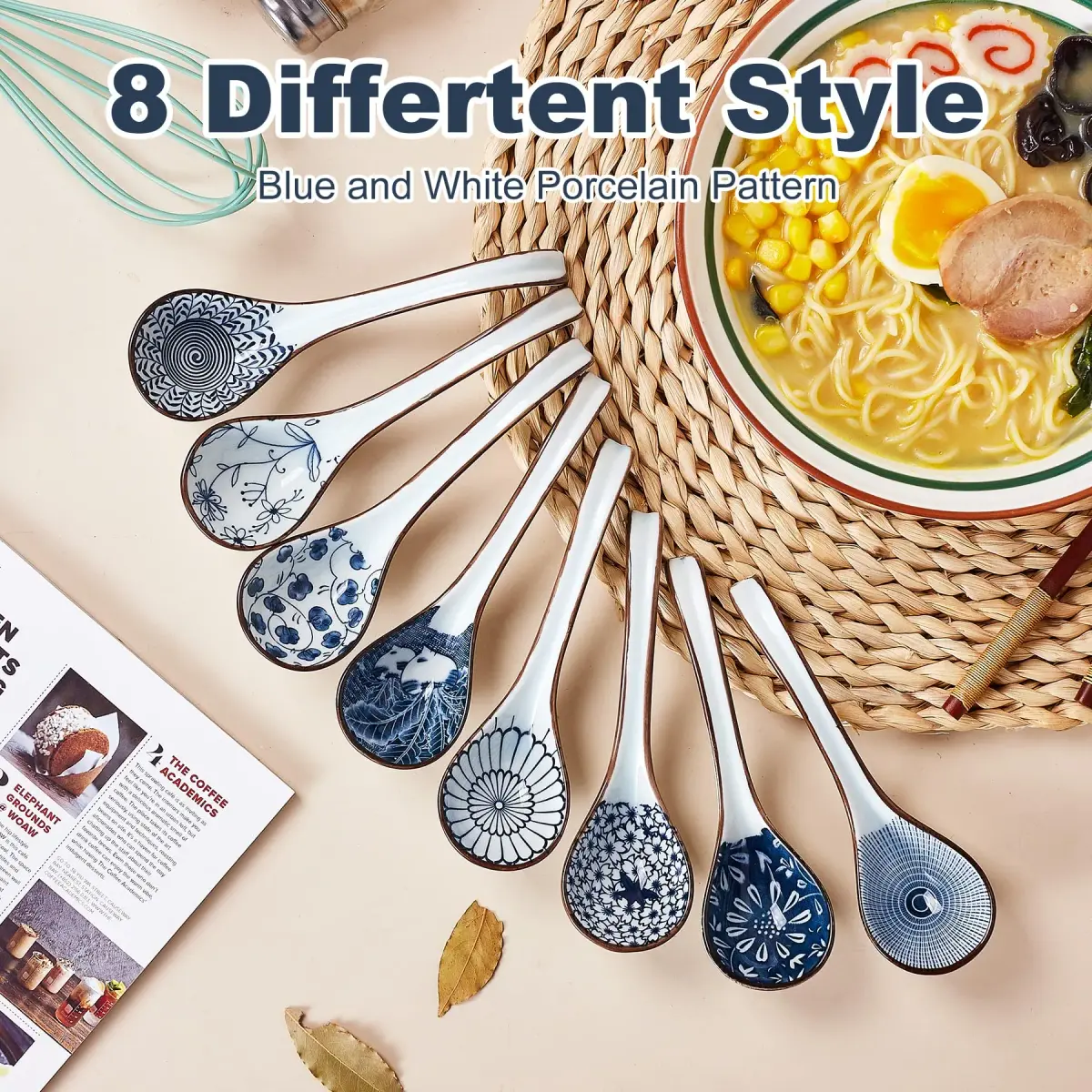 Hoilse Ceramic Asian Soup Spoons Set of 8 - Blue | 16.5cm (6.5in) Easy-Grip Long Handle - view 3