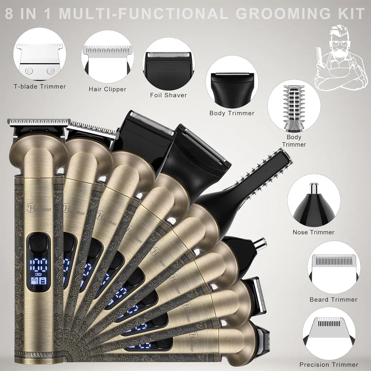 Hatteker Beard Trimmer Kit Professional Hair Clipper Zero Gapped T-Blade 0.3mm | 8-in-1 Cordless Grooming Kit for Men - view 2