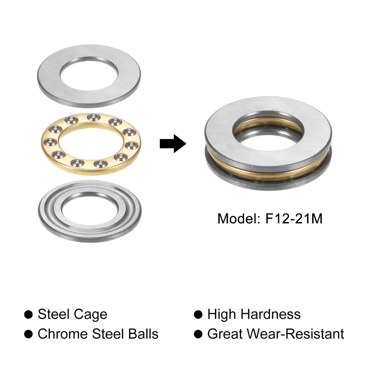 uxcell Thrust Ball Bearing 12mm x 21mm x 5mm Brass | Low-Speed Axial Load Support - view 4