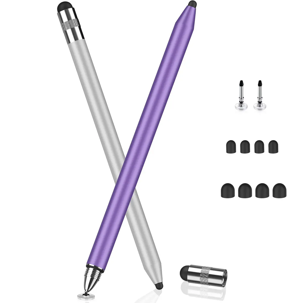 MEKO 3-in-1 Stylus Pen for Touchscreens, 2-Pack Silver/Purple | Universal iPad Stylus with Disc Tip & Rubber Nibs - main product image