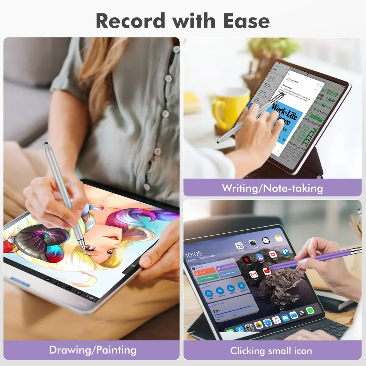 MEKO 3-in-1 Stylus Pen for Touchscreens, 2-Pack Silver/Purple | Universal iPad Stylus with Disc Tip & Rubber Nibs - view 6