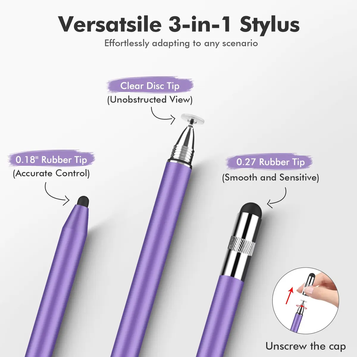 MEKO 3-in-1 Stylus Pen for Touchscreens, 2-Pack Silver/Purple | Universal iPad Stylus with Disc Tip & Rubber Nibs - view 2