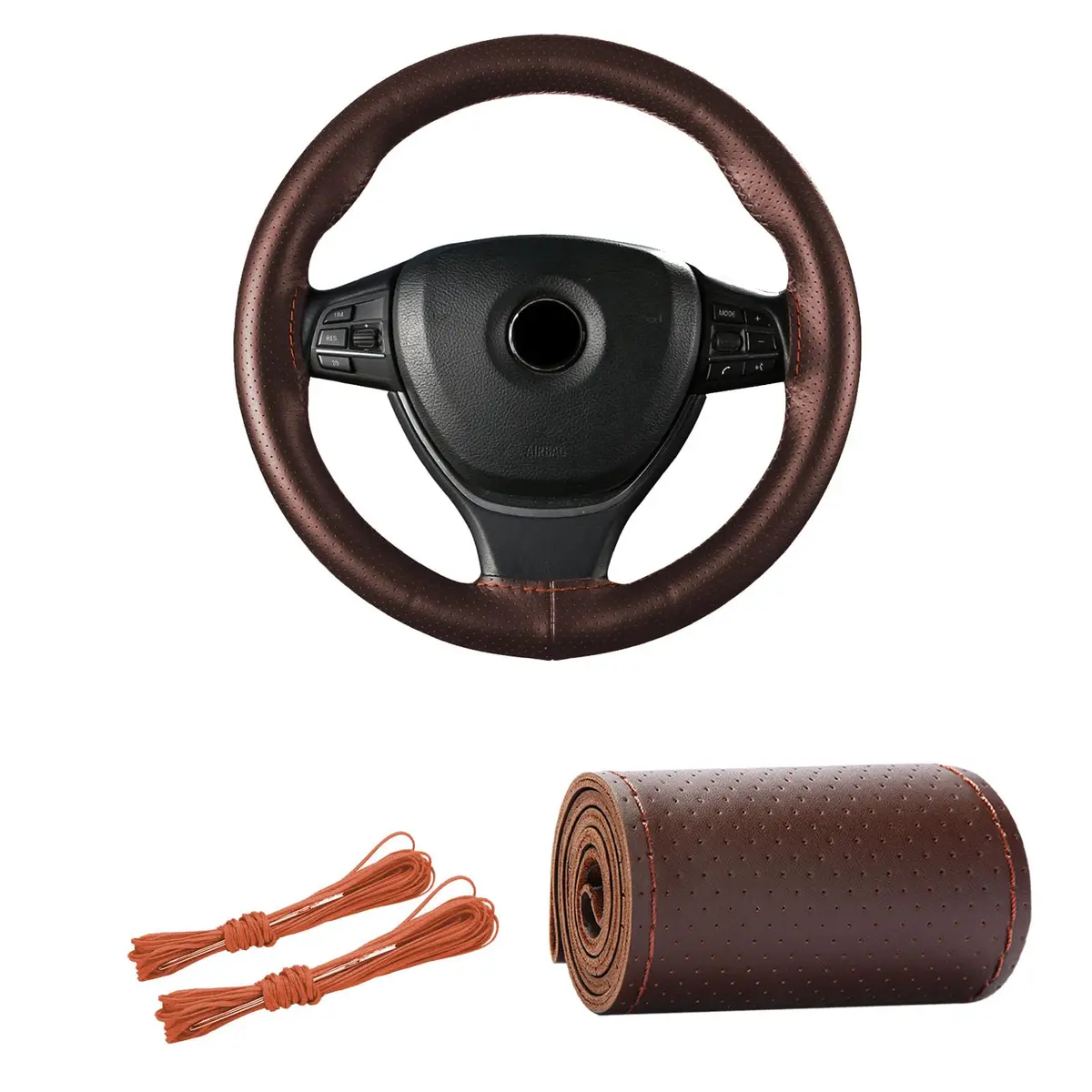 Kewucn Genuine Leather Steering Wheel Cover 15" | Breathable, Anti-Slip DIY Stitch (Coffee, Full Hole) - main product image