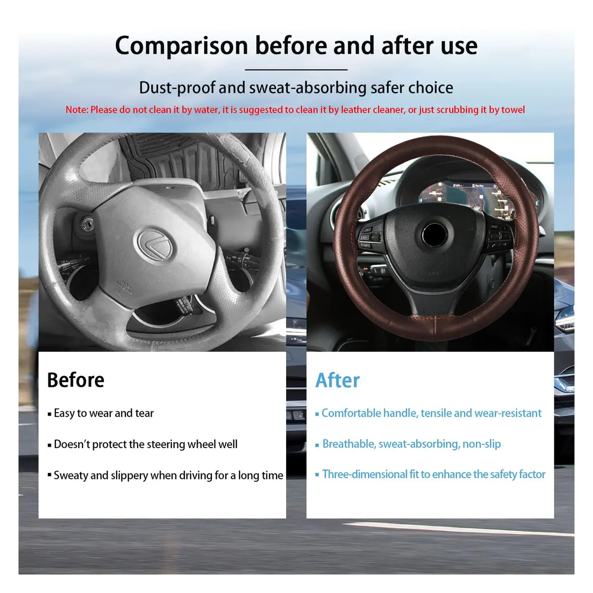 Kewucn Genuine Leather Steering Wheel Cover 15" | Breathable, Anti-Slip DIY Stitch (Coffee, Full Hole) - view 5