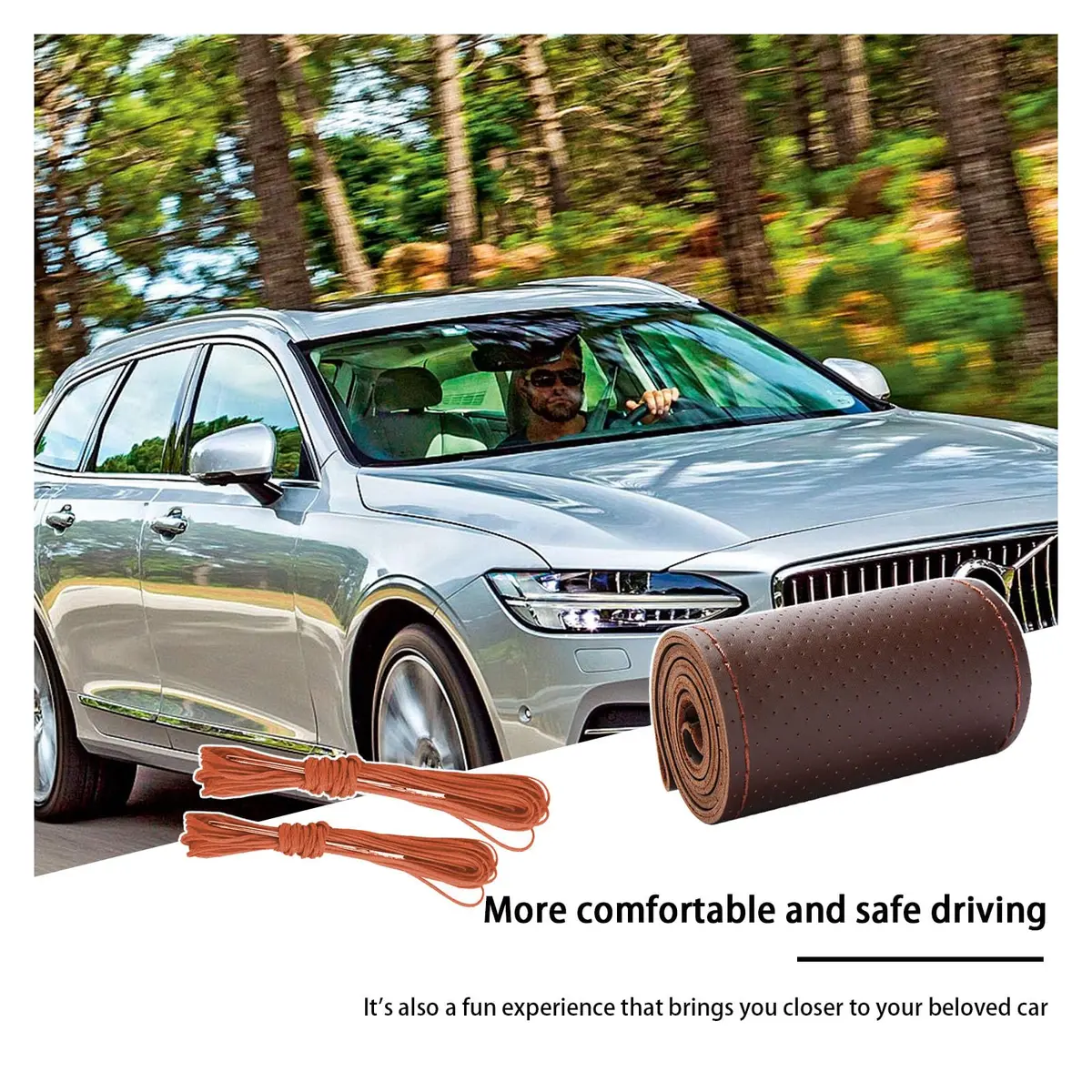 Kewucn Genuine Leather Steering Wheel Cover 15" | Breathable, Anti-Slip DIY Stitch (Coffee, Full Hole) - view 6