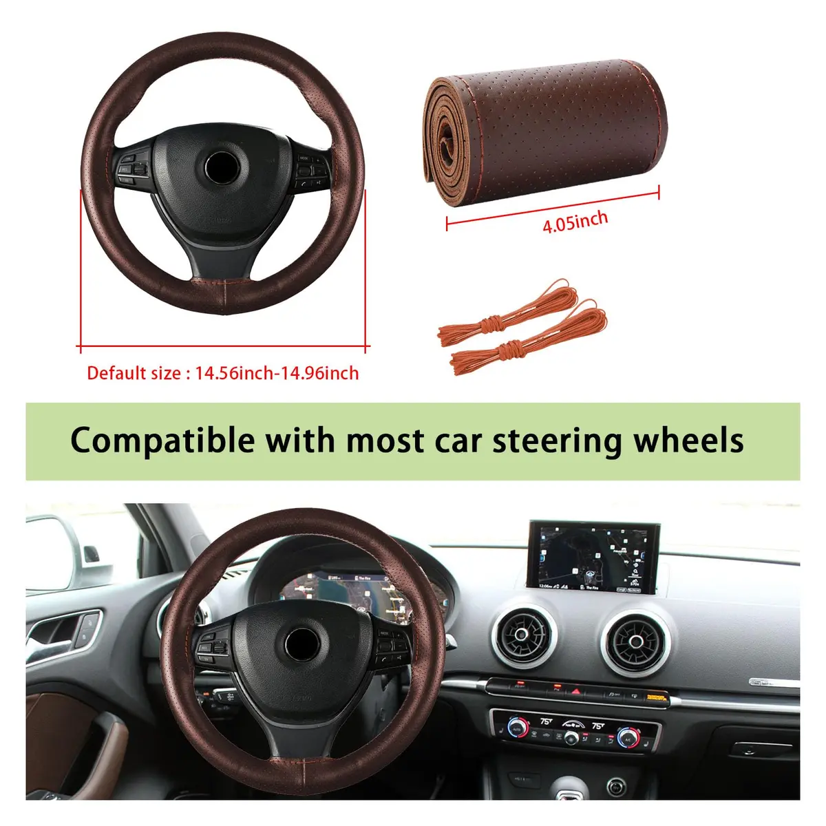 Kewucn Genuine Leather Steering Wheel Cover 15" | Breathable, Anti-Slip DIY Stitch (Coffee, Full Hole) - view 2