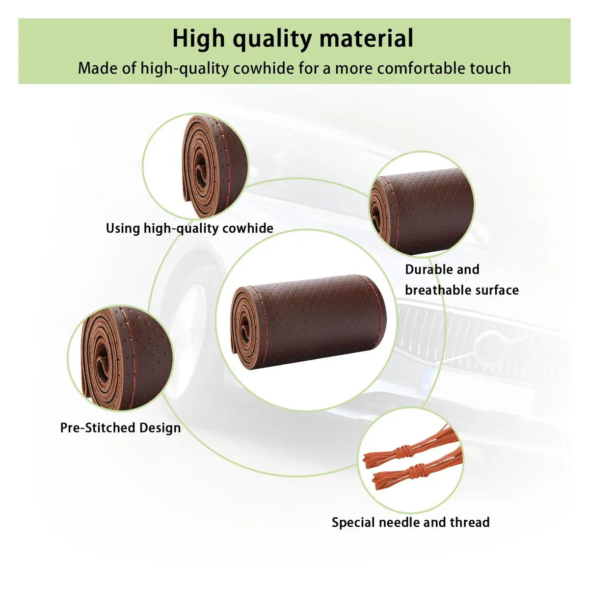 Kewucn Genuine Leather Steering Wheel Cover 15" | Breathable, Anti-Slip DIY Stitch (Coffee, Full Hole) - view 3