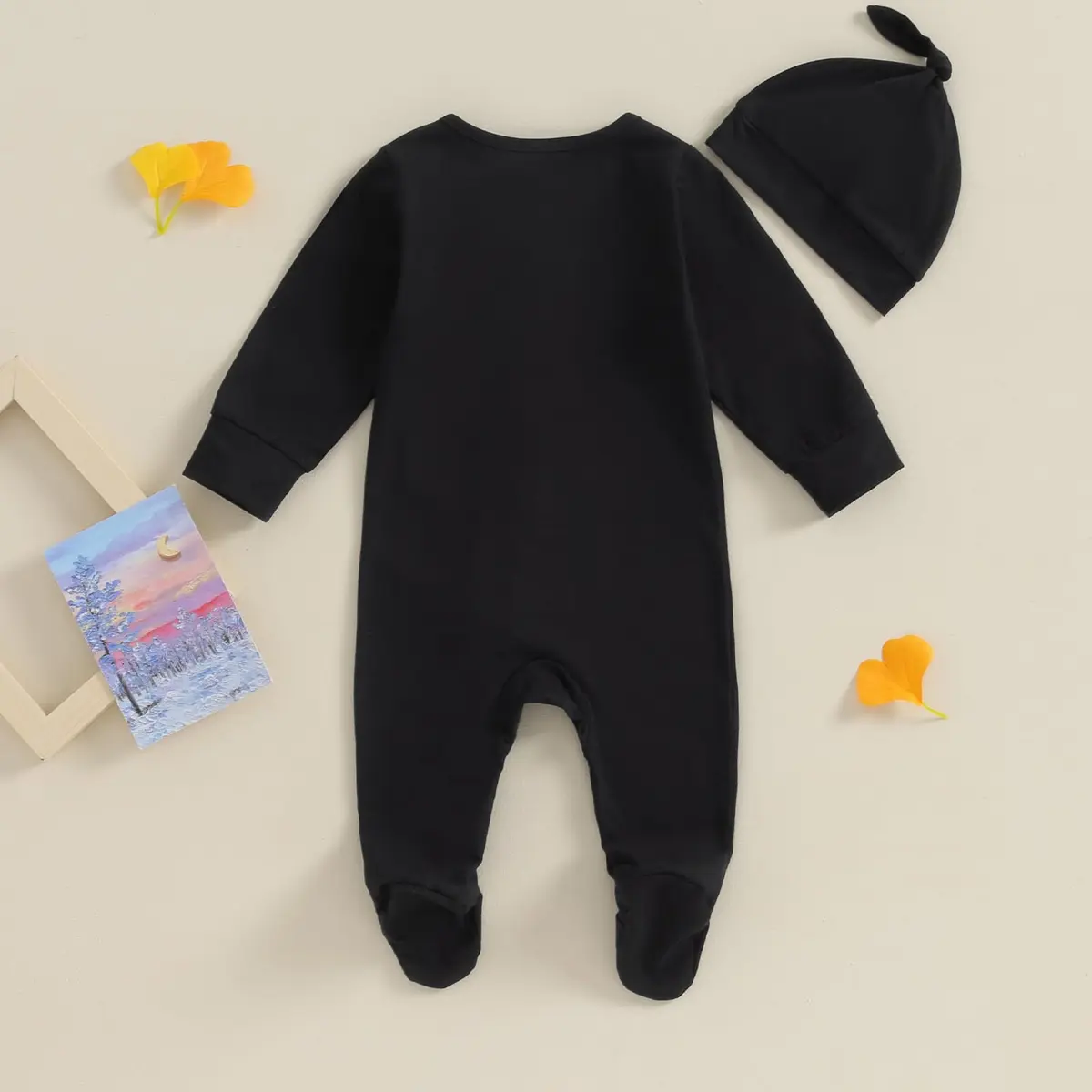 Ayalinggo Newborn Baby Girl Boy Clothes Infant Long Sleeve Solid Footed Romper with Hat 0-3 Months | Fall Outfit Black - view 5