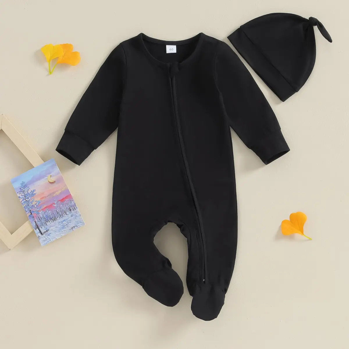 Ayalinggo Newborn Baby Girl Boy Clothes Infant Long Sleeve Solid Footed Romper with Hat 0-3 Months | Fall Outfit Black - view 6