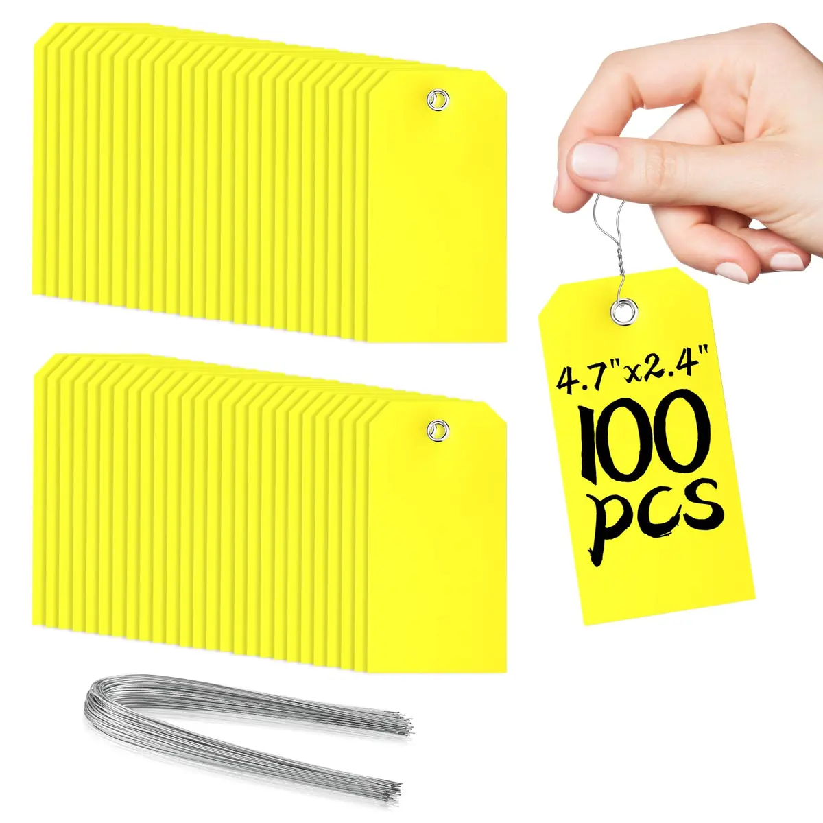 XUWAIDSGN 100Pcs Yellow Plastic Shipping Tags 4 3/4" x 2 3/8" Writable Waterproof Durable - main product image