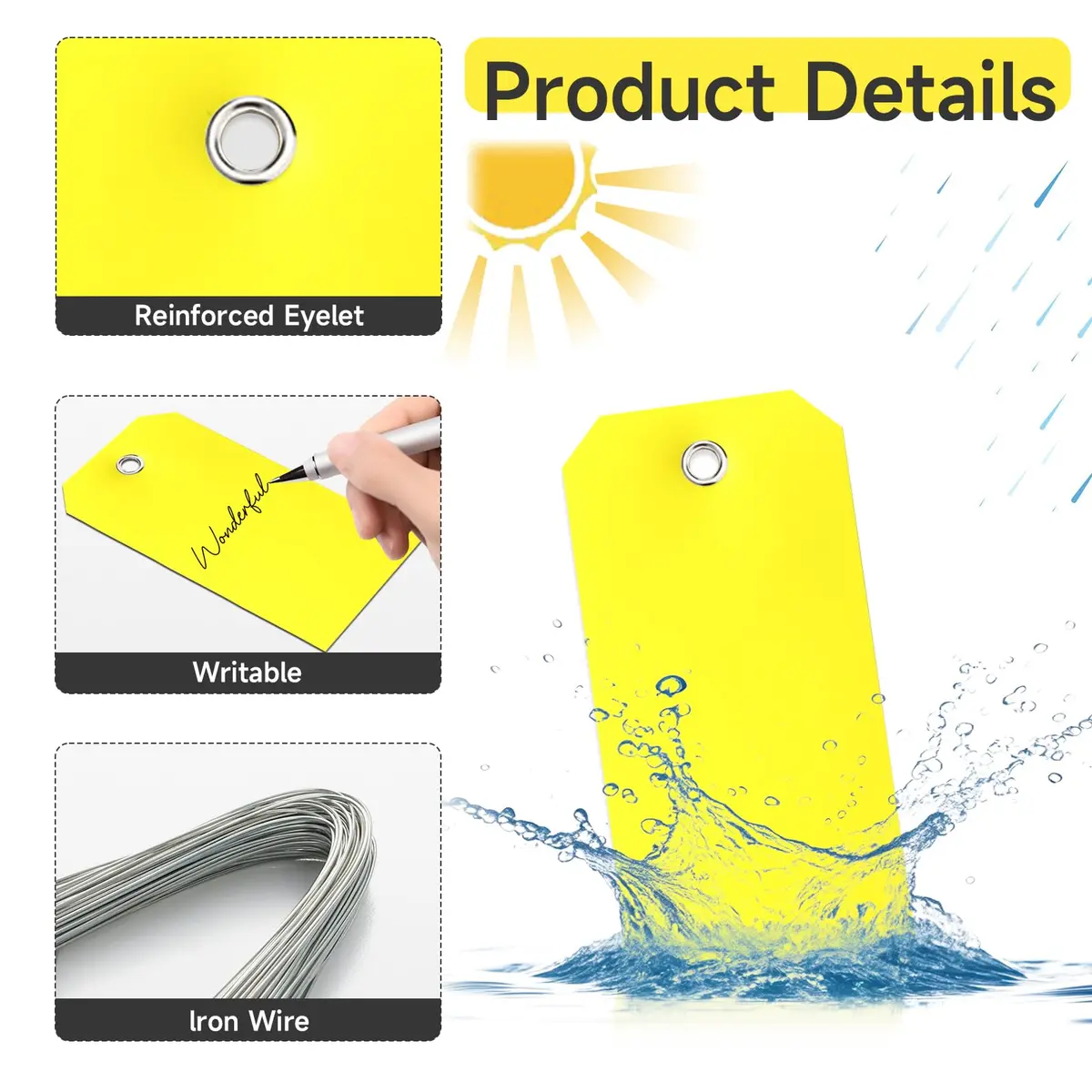 XUWAIDSGN 100Pcs Yellow Plastic Shipping Tags 4 3/4" x 2 3/8" Writable Waterproof Durable - view 3