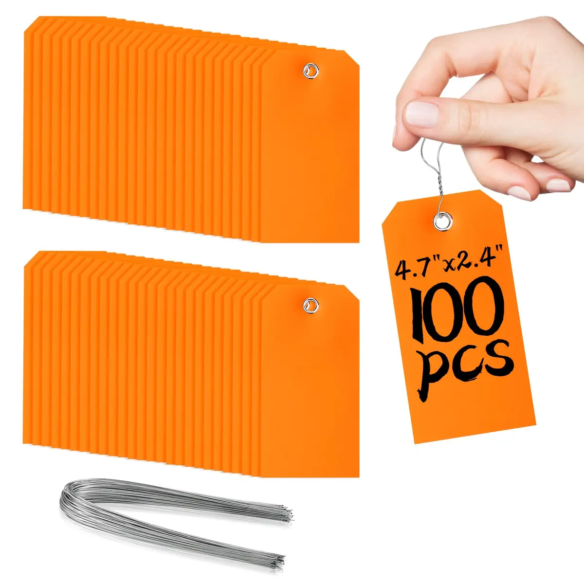 XUWAIDSGN 100 Pcs Rectangle Plastic Hang Tags Waterproof Orange Labels 4 3/4" x 2 3/8" | Weatherproof Tie-On Labels - main product image