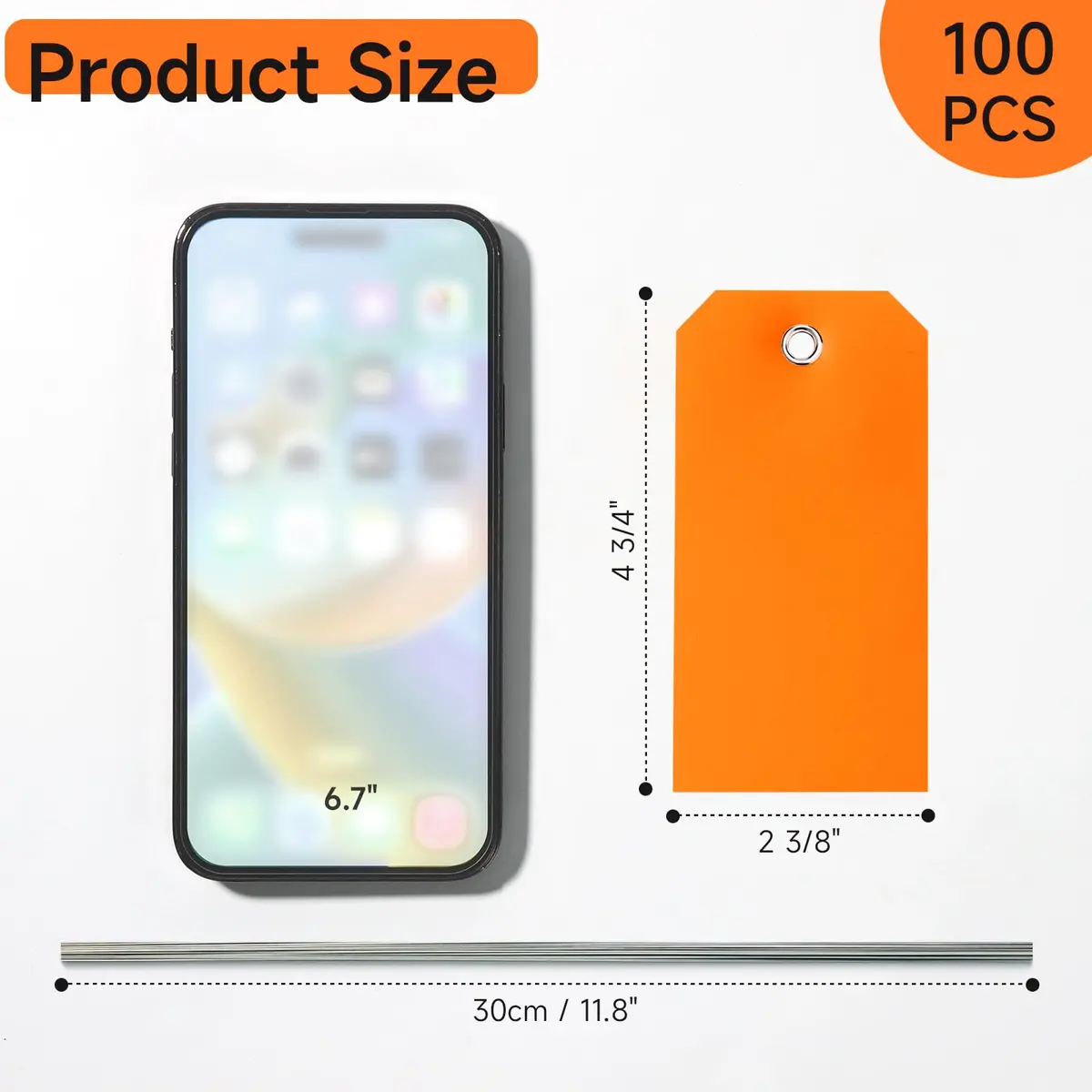 XUWAIDSGN 100 Pcs Rectangle Plastic Hang Tags Waterproof Orange Labels 4 3/4" x 2 3/8" | Weatherproof Tie-On Labels - view 2