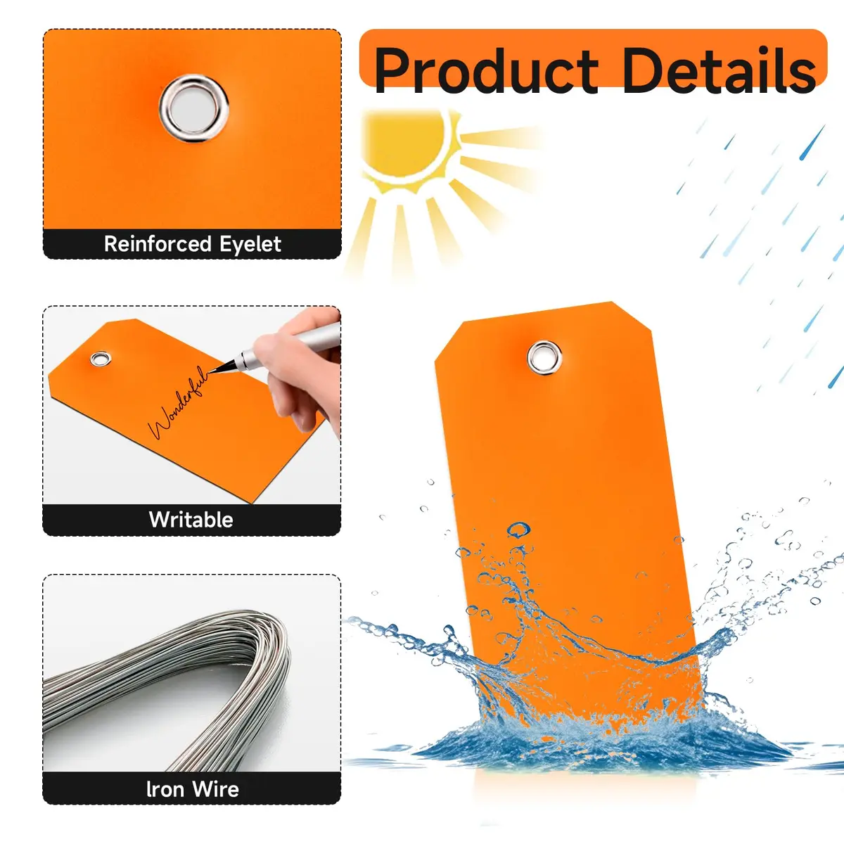 XUWAIDSGN 100 Pcs Rectangle Plastic Hang Tags Waterproof Orange Labels 4 3/4" x 2 3/8" | Weatherproof Tie-On Labels - view 3
