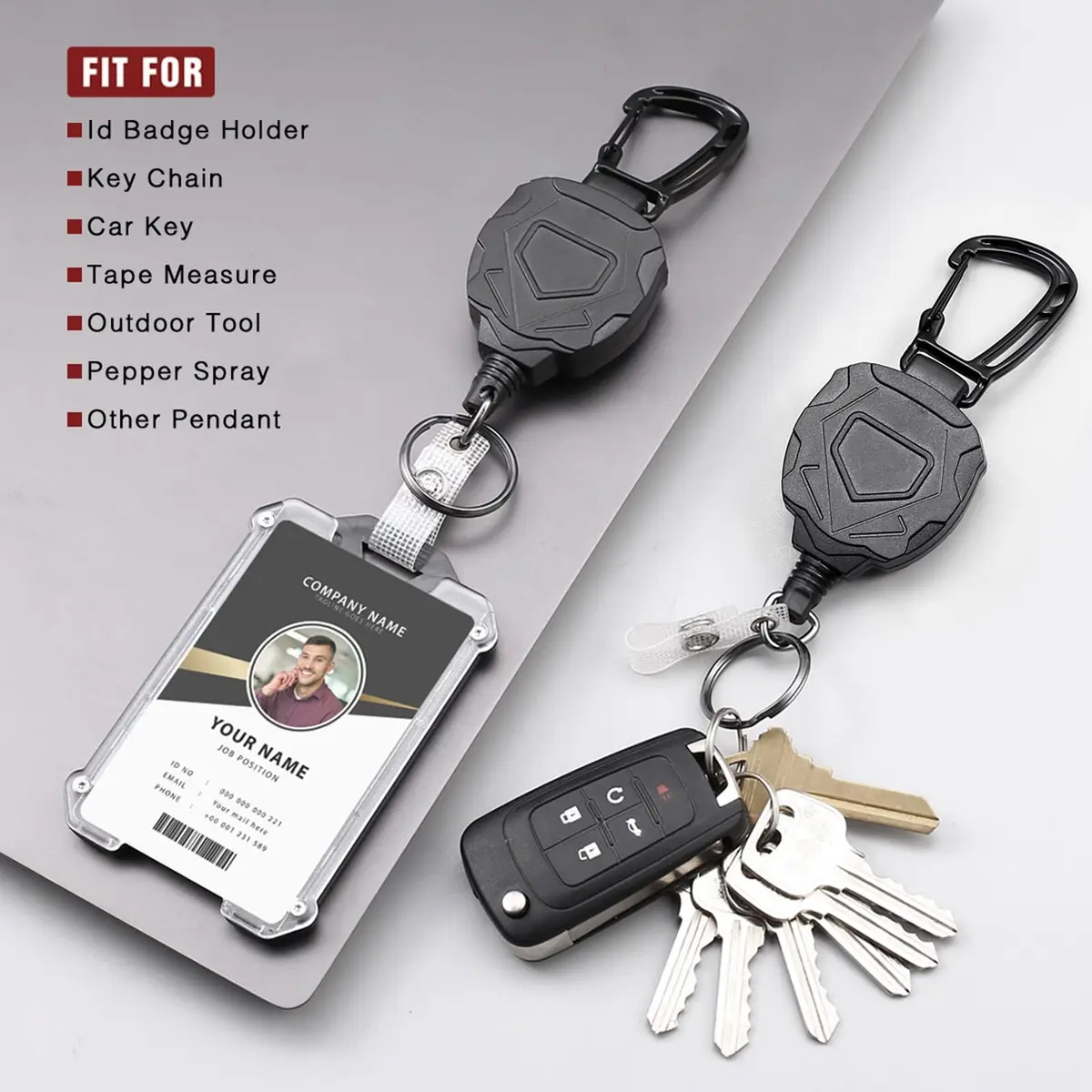 COOKOOKY Heavy Duty Retractable Badge Holder Clip with Carabiner & Lanyard, 2-Pack Black | Strong Stainless Steel Cord - view 7