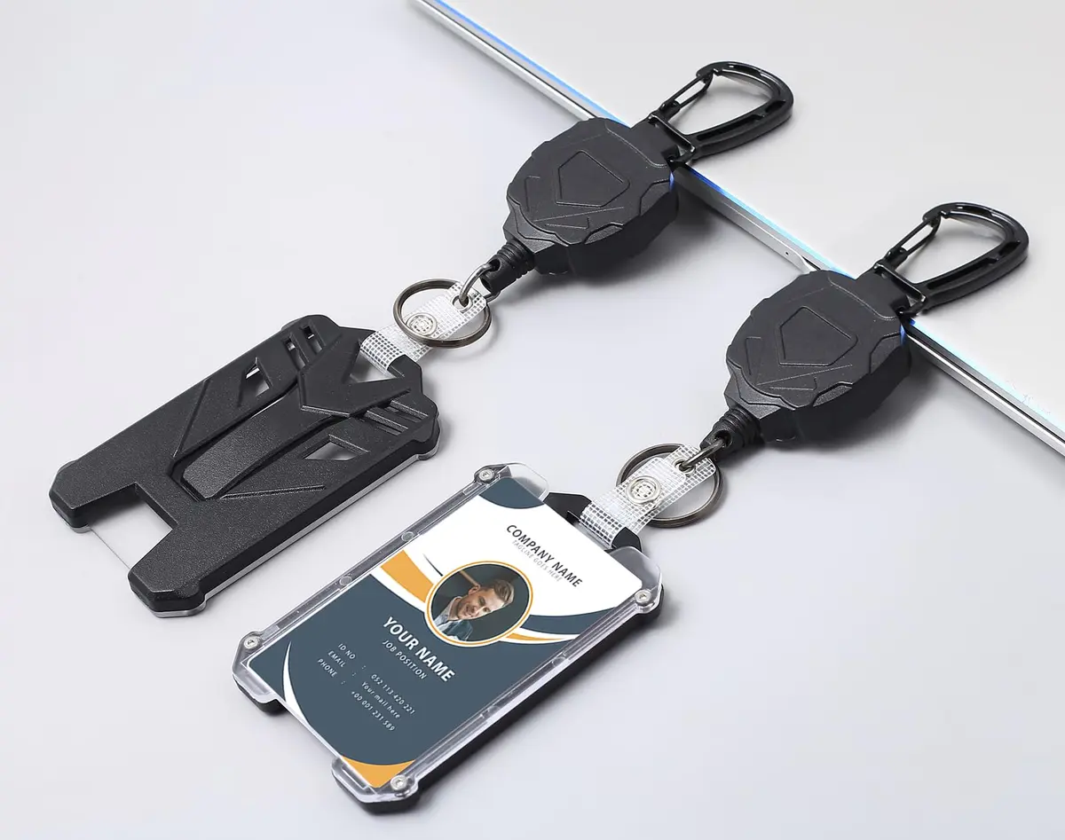 COOKOOKY Heavy Duty Retractable Badge Holder Clip with Carabiner & Lanyard, 2-Pack Black | Strong Stainless Steel Cord - view 2
