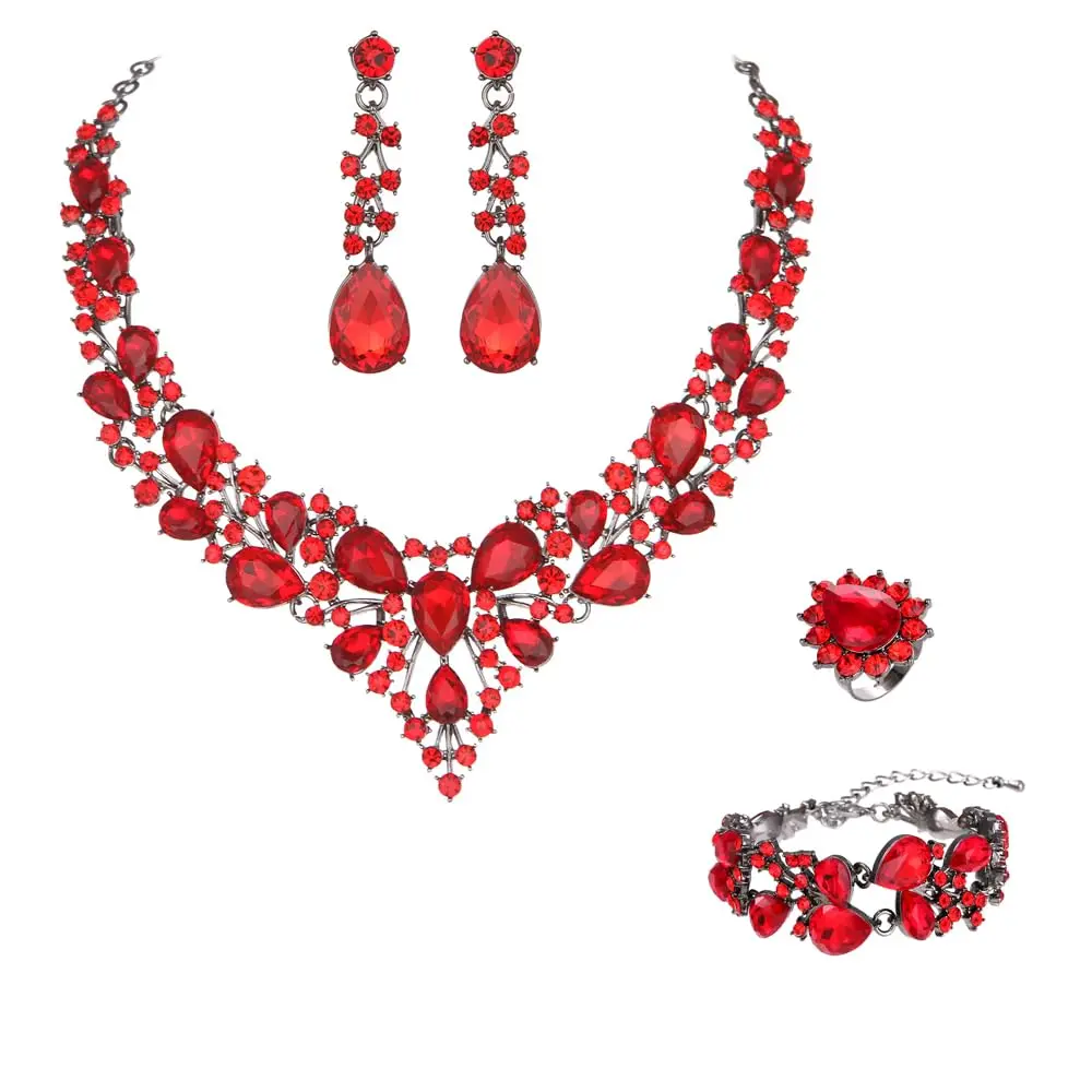 Molie Bridal Austrian Crystal Necklace and Earrings Jewelry Set 4Pcs/Set-Red-Black tone | Wedding Gift - main product image